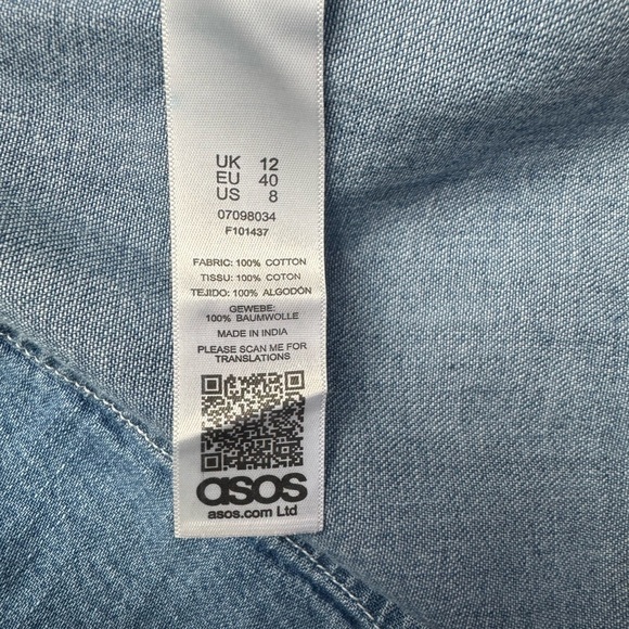 ASOS Blue Denim Long Sleeve Snap Front Mini Shirt Dress 8 - Picture 3 of 7